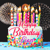 A lively happy birthday animated GIF showcasing a colorful birthday cake covered in sprinkles, topped with glowing candles, and surrounded by vibrant fireworks. The name 'Lion' is featured in elegant script.