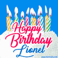 Happy Birthday GIF for Lionel with Birthday Cake and Lit Candles
