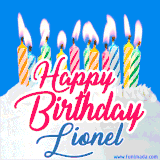 A cheerful animated GIF featuring colorful lit birthday candles on a white cake, with the text 'Happy Birthday Lionel' in bold red and blue script on a bright blue background.
