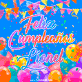 A vibrant animated GIF with 'Feliz Cumpleaños Lionel' written in colorful script, surrounded by balloons, confetti, and bunting on a bright blue background.