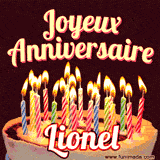 A Happy Birthday GIF in French featuring a festive birthday cake adorned with bright candles and the glowing text 'Joyeux Anniversaire Lionel' in a cheerful style.