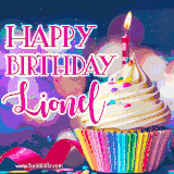 A festive animated GIF featuring a colorful cupcake with a single lit candle, sprinkles, and 'Happy Birthday Lionel' text against a sparkling, celebratory background.