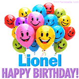 An animated birthday-themed name GIF with colorful smiling balloons and bold 'Lionel, Happy Birthday!' text for a celebratory touch.