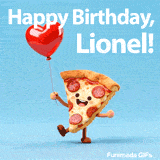 Happy Birthday Lionel greeting with an adorable smiling pizza and a red balloon