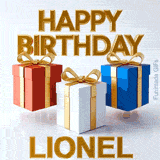 Festive and clean digital birthday greeting for Lionel featuring beautifully rendered bouncing presents in red, white, and blue with gold accents