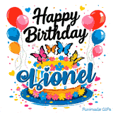 Colorful hearts, dots, and flower petals scattered around a festive butterfly theme cake for Lionel.