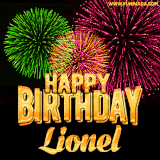 A captivating GIF with bursts of green, pink, and orange fireworks lighting up the night sky, accompanied by 'Happy Birthday Lionel' in glowing golden text.