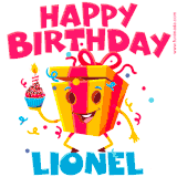 A funny animated birthday GIF with the words 'Happy Birthday Lionela', colorful gift box with arms and legs, holding a cupcake with a lit candle  with confetti everywhere.