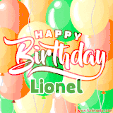 Animated GIF featuring colorful balloons in the background with the cheerful text 'Happy Birthday Lionel'.