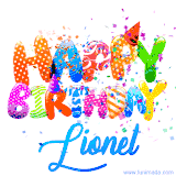 Animated GIF with colorful, festive 'Happy Birthday Lionel' text decorated with patterns, a party hat, and falling confetti. A vibrant and cheerful design for birthday celebrations.
