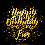 Animated GIF with colorful, festive 'Happy Birthday Lior' text decorated with patterns, a party hat, and falling confetti. A vibrant and cheerful design for birthday celebrations.