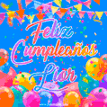 A vibrant animated GIF with 'Feliz Cumpleaños Lior' written in colorful script, surrounded by balloons, confetti, and bunting on a bright blue background.