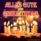 An animated GIF featuring 'Alles Gute Zum Geburtstag Lior' in glowing red and gold letters above a cake with colorful lit candles, set against a festive sparkling background.