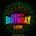 A colorful animated GIF featuring the text 'Happy Birthday Lior!' in rainbow colors with a dynamic iridescent firework display in the background.