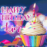 A festive animated GIF featuring a colorful cupcake with a single lit candle, sprinkles, and 'Happy Birthday Lior' text against a sparkling, celebratory background.