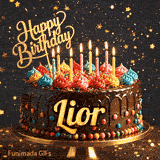 A customized birthday greeting card for Lior showing a chocolate frosted cake under falling gold dust.