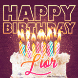 A colorful birthday cake topped with lit candles, with the words 'Happy Birthday Lior' in bold glowing letters on a burgundy background. Animated flames add a festive touch.