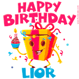 A vibrant and funny gift box character with a happy face dancing with a cupcake and the text 'Happy Birthday Lior,' surrounded by animated confetti and party vibes.
