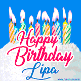 A cheerful animated GIF featuring colorful lit birthday candles on a white cake, with the text 'Happy Birthday Lipa' in bold red and blue script on a bright blue background.
