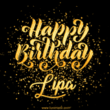 Animated GIF with colorful, festive 'Happy Birthday Lipa' text decorated with patterns, a party hat, and falling confetti. A vibrant and cheerful design for birthday celebrations.