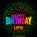 A colorful animated GIF featuring the text 'Happy Birthday Lipa!' in rainbow colors with a dynamic iridescent firework display in the background.
