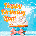 A cheerful animated GIF of a cupcake with creamy frosting, a red checkered ribbon, and a bright sparkler on top. The text 'Happy Birthday Lipa!' is displayed in vibrant orange and red.