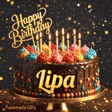 Elegant yellow script spelling Lipa on a chocolate glaze birthday cake with glowing multicolored candles.