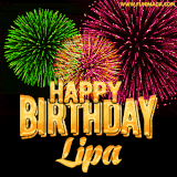 A captivating GIF with bursts of green, pink, and orange fireworks lighting up the night sky, accompanied by 'Happy Birthday Lipa' in glowing golden text.