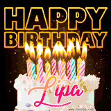 A vibrant animated GIF featuring a delicious birthday cake topped with glowing candles and the name 'Lipa' in elegant script, and the words 'Happy Birthday' on the black background.