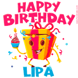 A funny animated birthday GIF with the words 'Happy Birthday Lipaa', colorful gift box with arms and legs, holding a cupcake with a lit candle  with confetti everywhere.