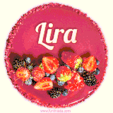 Beautifully decorated red velvet berry birthday cake with vibrant fruits and a glowing 'Lira' name, adding a touch of sweetness and sparkle.