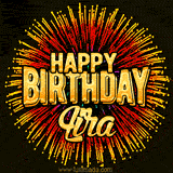 Golden 'Happy Birthday Lira' text accompanied by animated rainbow fireworks for a festive animated greeting.