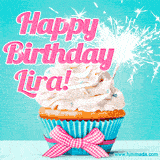 A festive cupcake with pink icing, a gingham bow, and a lit animated sparkler, paired with 'Happy Birthday Lira!' in bright pink text.