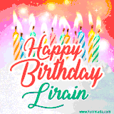 Bright birthday candles with rainbow flames on a cake, alongside the text 'Happy Birthday Lirain' in vibrant script in this celebratory animated GIF.