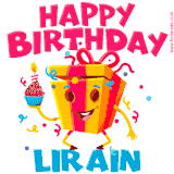 A vibrant and funny gift box character with a happy face dancing with a cupcake and the text 'Happy Birthday Lirain,' surrounded by animated confetti and party vibes.