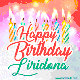Bright birthday candles with rainbow flames on a cake, alongside the text 'Happy Birthday Liridona' in vibrant script in this celebratory animated GIF.