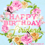 A charming animated GIF featuring 'Happy Birthday Liridona' in pink and green text, surrounded by delicate roses, leaves, and fluttering butterflies on a soft light blue pastel background.