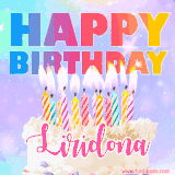 A vibrant animated name GIF with the words 'Happy Birthday Liridona' with colorful candles on a creamy cake. The background sparkles with pastel shades, adding a festive touch.