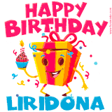 A vibrant and funny gift box character with a happy face dancing with a cupcake and the text 'Happy Birthday Liridona,' surrounded by animated confetti and party vibes.