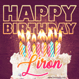 A colorful birthday cake topped with lit candles, with the words 'Happy Birthday Liron' in bold glowing letters on a burgundy background. Animated flames add a festive touch.