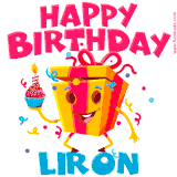 A vibrant and funny gift box character with a happy face dancing with a cupcake and the text 'Happy Birthday Liron,' surrounded by animated confetti and party vibes.