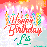 Bright birthday candles with rainbow flames on a cake, alongside the text 'Happy Birthday Lis' in vibrant script in this celebratory animated GIF.