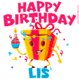 A vibrant and funny gift box character with a happy face dancing with a cupcake and the text 'Happy Birthday Lis,' surrounded by animated confetti and party vibes.
