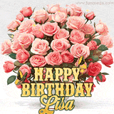 Golden 'Happy Birthday Lisa' text beneath a vibrant bouquet of orange roses, complete with glittering butterflies and sparkling details.