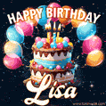 Hand-drawn happy birthday cake adorned with an arch of colorful balloons - name GIF for Lisa