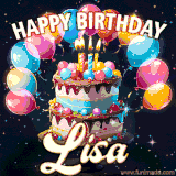 Bright birthday animation for Lisa with a chocolate cake, candles, balloons, and glowing celebratory lights.