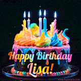 A mesmerizing animated cake with multicolor frosting and candles, and the words 'Happy Birthday Lisa' on the black background.
