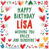 A colorful animated card for Lisa’s birthday featuring playful hearts, cheerful flowers, and a handwritten message wishing smiles and sunshine.