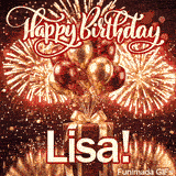 An animated birthday card featuring a red present under a sky filled with exploding gold fireworks, personalized for Lisa.