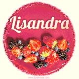 Beautifully decorated red velvet berry birthday cake with vibrant fruits and a glowing 'Lisandra' name, adding a touch of sweetness and sparkle.